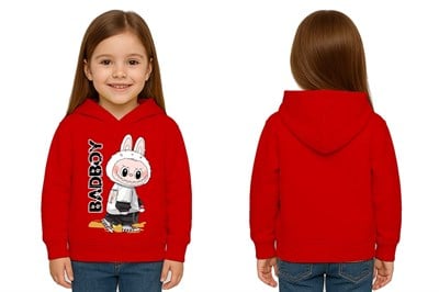 Unisex Baskılı Çocuk Swaetshirt Labubu Baskılı Kapüşonlu 3 İplik Şardonlu