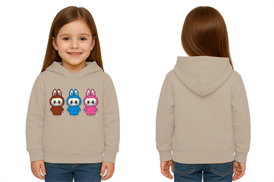 Unisex Baskılı Çocuk Swaetshirt Labubu Baskılı Kapüşonlu 3 İplik Şardonlu