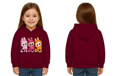 Unisex Baskılı Çocuk Swaetshirt Labubu Baskılı Kapüşonlu 3 İplik Şardonlu