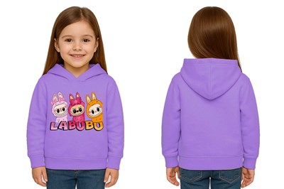 Unisex Baskılı Çocuk Swaetshirt Labubu Baskılı Kapüşonlu 3 İplik Şardonlu