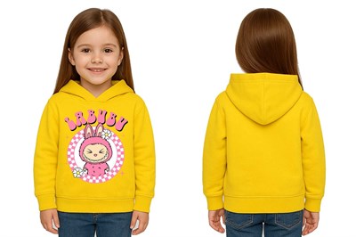 Unisex Baskılı Çocuk Swaetshirt Labubu Baskılı Kapüşonlu 3 İplik Şardonlu