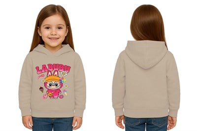 Unisex Baskılı Çocuk Swaetshirt Labubu Baskılı Kapüşonlu 3 İplik Şardonlu