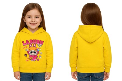 Unisex Baskılı Çocuk Swaetshirt Labubu Baskılı Kapüşonlu 3 İplik Şardonlu
