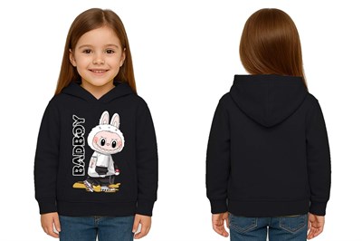 Unisex Baskılı Çocuk Swaetshirt Labubu Baskılı Kapüşonlu 3 İplik Şardonlu