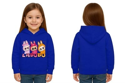 Unisex Baskılı Çocuk Swaetshirt Labubu Baskılı Kapüşonlu 3 İplik Şardonlu