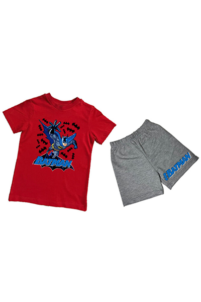 unisex batman baskılı pamuklu kumaş kısa kollu şortlu ikili çocuk takımı