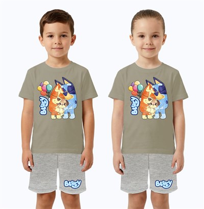 Unisex Bluey baskılı Çocuk Tişört Gri Şortlu Takım pamuklu penye kumaş