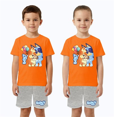 Unisex Bluey baskılı Çocuk Tişört Gri Şortlu Takım pamuklu penye kumaş