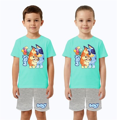 Unisex Bluey baskılı Çocuk Tişört Gri Şortlu Takım pamuklu penye kumaş