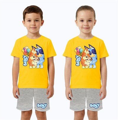 Unisex Bluey baskılı Çocuk Tişört Gri Şortlu Takım pamuklu penye kumaş