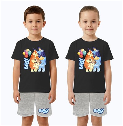 Unisex Bluey baskılı Çocuk Tişört Gri Şortlu Takım pamuklu penye kumaş