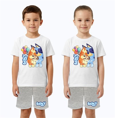 Unisex Bluey baskılı Çocuk Tişört Gri Şortlu Takım pamuklu penye kumaş