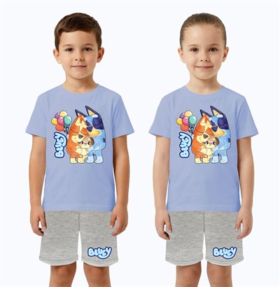 Unisex Bluey baskılı Çocuk Tişört Gri Şortlu Takım pamuklu penye kumaş
