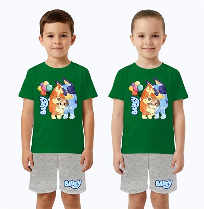Unisex Bluey baskılı Çocuk Tişört Gri Şortlu Takım pamuklu penye kumaş
