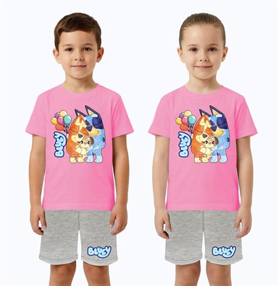 Unisex Bluey baskılı Çocuk Tişört Gri Şortlu Takım pamuklu penye kumaş
