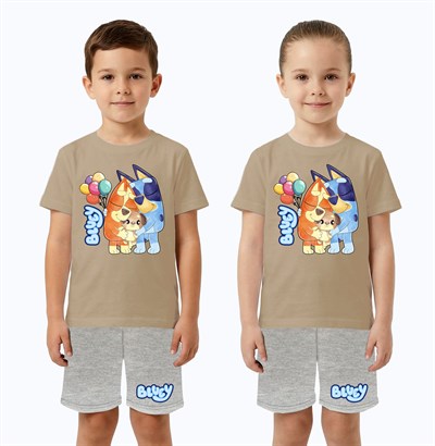 Unisex Bluey baskılı Çocuk Tişört Gri Şortlu Takım pamuklu penye kumaş