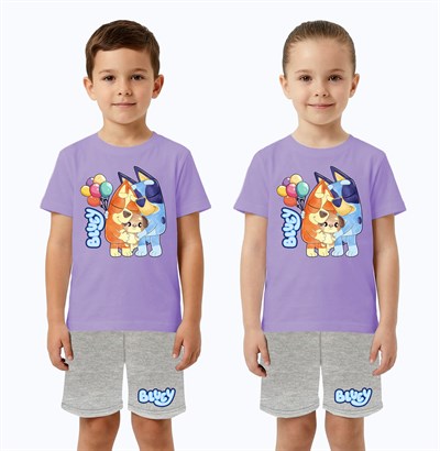 Unisex Bluey baskılı Çocuk Tişört Gri Şortlu Takım pamuklu penye kumaş