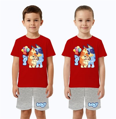 Unisex Bluey baskılı Çocuk Tişört Gri Şortlu Takım pamuklu penye kumaş