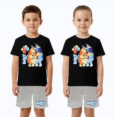 Unisex Bluey baskılı Çocuk Tişört Gri Şortlu Takım pamuklu penye kumaş