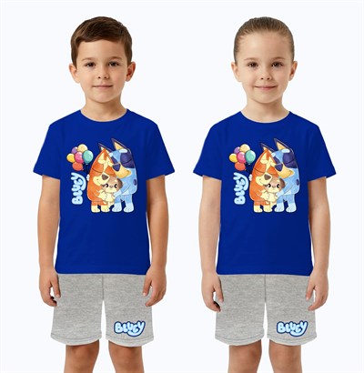 Unisex Bluey baskılı Çocuk Tişört Gri Şortlu Takım pamuklu penye kumaş