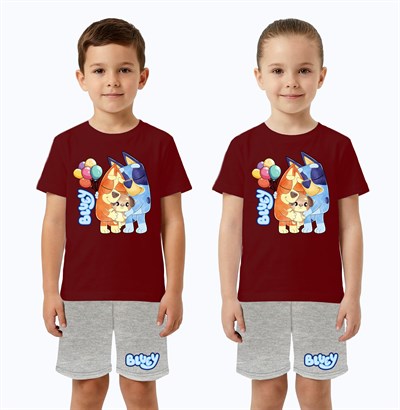 Unisex Bluey baskılı Çocuk Tişört Gri Şortlu Takım pamuklu penye kumaş