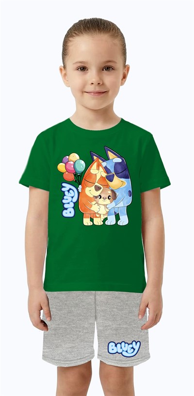 Unisex Bluey baskılı Çocuk Tişört Gri Şortlu Takım pamuklu penye kumaş
