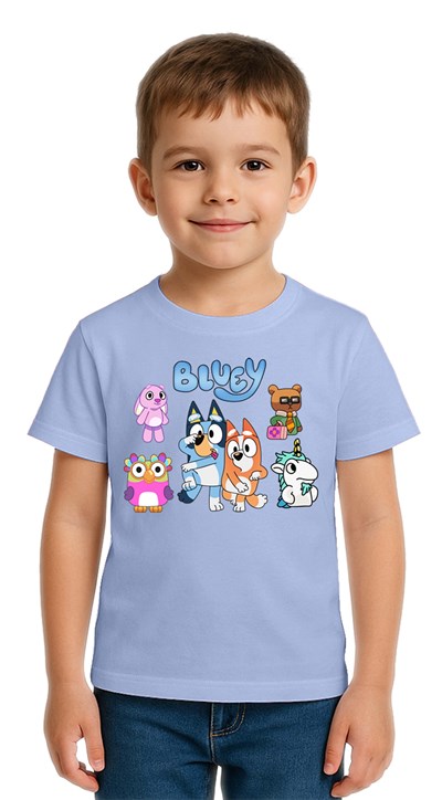Unisex Bluey baskılı Çocuk Tişört pamuklu penye kumaş