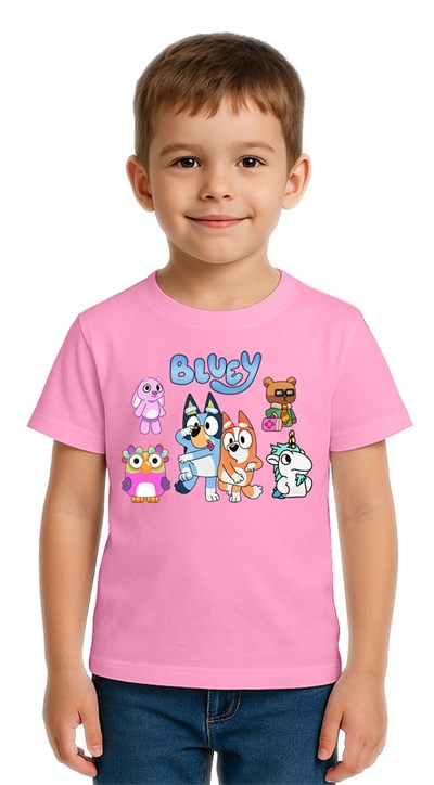 Unisex Bluey baskılı Çocuk Tişört pamuklu penye kumaş