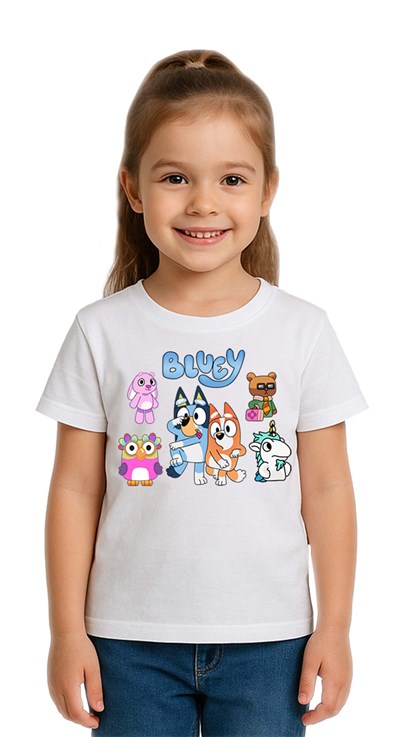Unisex Bluey baskılı Çocuk Tişört pamuklu penye kumaş