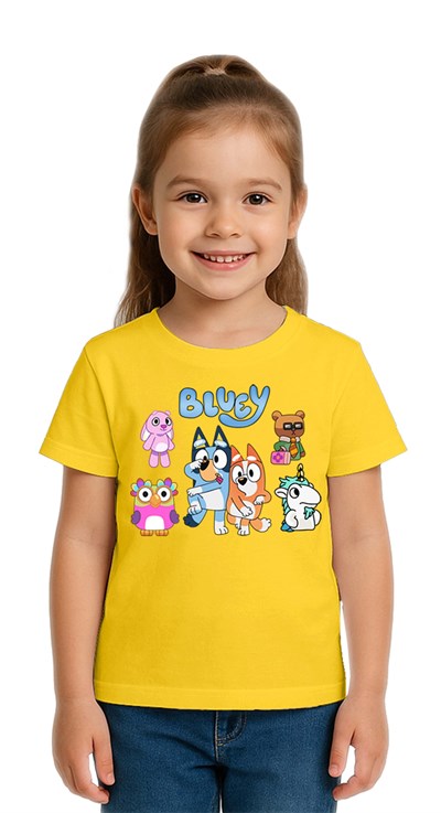 Unisex Bluey baskılı Çocuk Tişört pamuklu penye kumaş