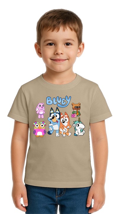 Unisex Bluey baskılı Çocuk Tişört pamuklu penye kumaş