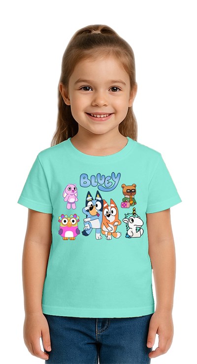 Unisex Bluey baskılı Çocuk Tişört pamuklu penye kumaş