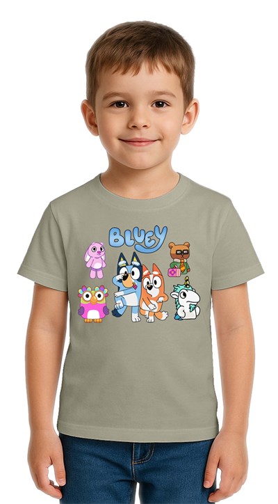 Unisex Bluey baskılı Çocuk Tişört pamuklu penye kumaş