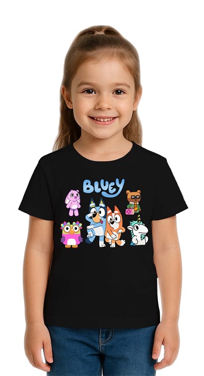 Unisex Bluey baskılı Çocuk Tişört pamuklu penye kumaş