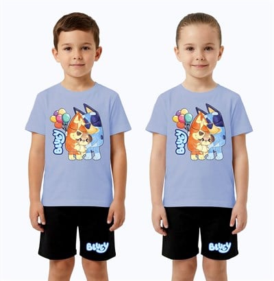 Unisex Bluey baskılı Çocuk Tişört Siyah Şortlu Takım pamuklu penye kumaş