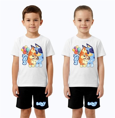 Unisex Bluey baskılı Çocuk Tişört Siyah Şortlu Takım pamuklu penye kumaş