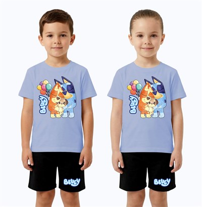 Unisex Bluey baskılı Çocuk Tişört Siyah Şortlu Takım pamuklu penye kumaş