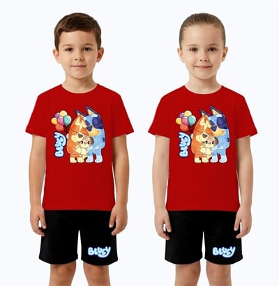 Unisex Bluey baskılı Çocuk Tişört Siyah Şortlu Takım pamuklu penye kumaş