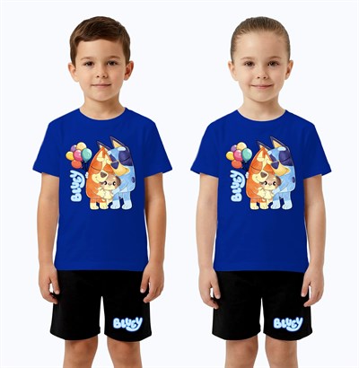 Unisex Bluey baskılı Çocuk Tişört Siyah Şortlu Takım pamuklu penye kumaş
