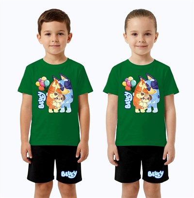 Unisex Bluey baskılı Çocuk Tişört Siyah Şortlu Takım pamuklu penye kumaş