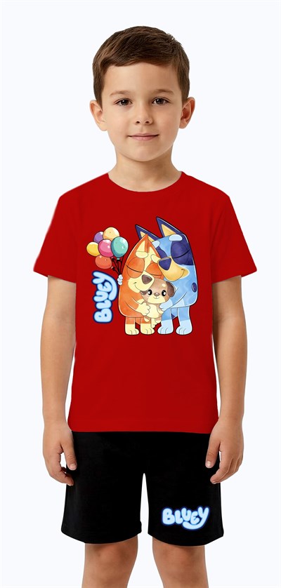 Unisex Bluey baskılı Çocuk Tişört Siyah Şortlu Takım pamuklu penye kumaş