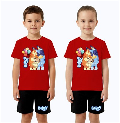 Unisex Bluey baskılı Çocuk Tişört Siyah Şortlu Takım pamuklu penye kumaş