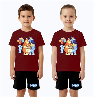 Unisex Bluey baskılı Çocuk Tişört Siyah Şortlu Takım pamuklu penye kumaş