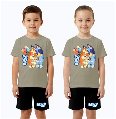 Unisex Bluey baskılı Çocuk Tişört Siyah Şortlu Takım pamuklu penye kumaş