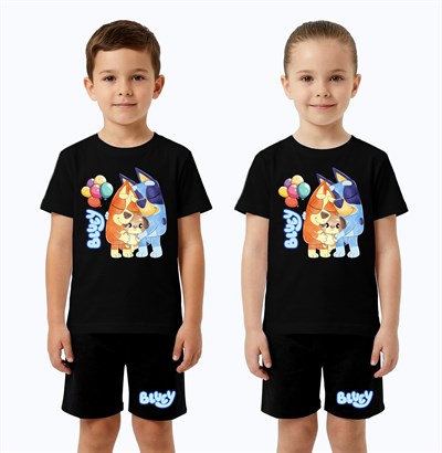 Unisex Bluey baskılı Çocuk Tişört Siyah Şortlu Takım pamuklu penye kumaş