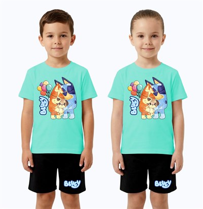 Unisex Bluey baskılı Çocuk Tişört Siyah Şortlu Takım pamuklu penye kumaş