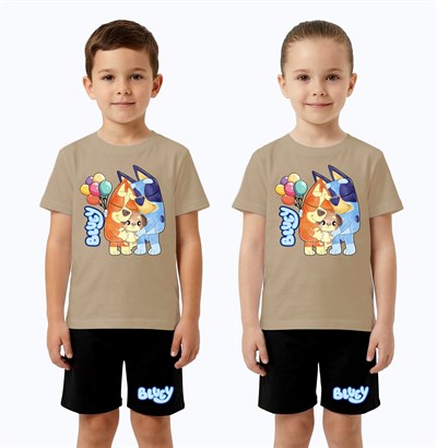 Unisex Bluey baskılı Çocuk Tişört Siyah Şortlu Takım pamuklu penye kumaş