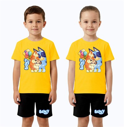 Unisex Bluey baskılı Çocuk Tişört Siyah Şortlu Takım pamuklu penye kumaş