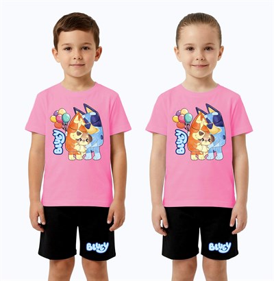 Unisex Bluey baskılı Çocuk Tişört Siyah Şortlu Takım pamuklu penye kumaş