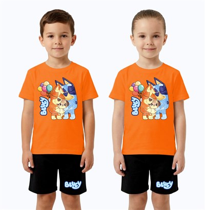 Unisex Bluey baskılı Çocuk Tişört Siyah Şortlu Takım pamuklu penye kumaş
